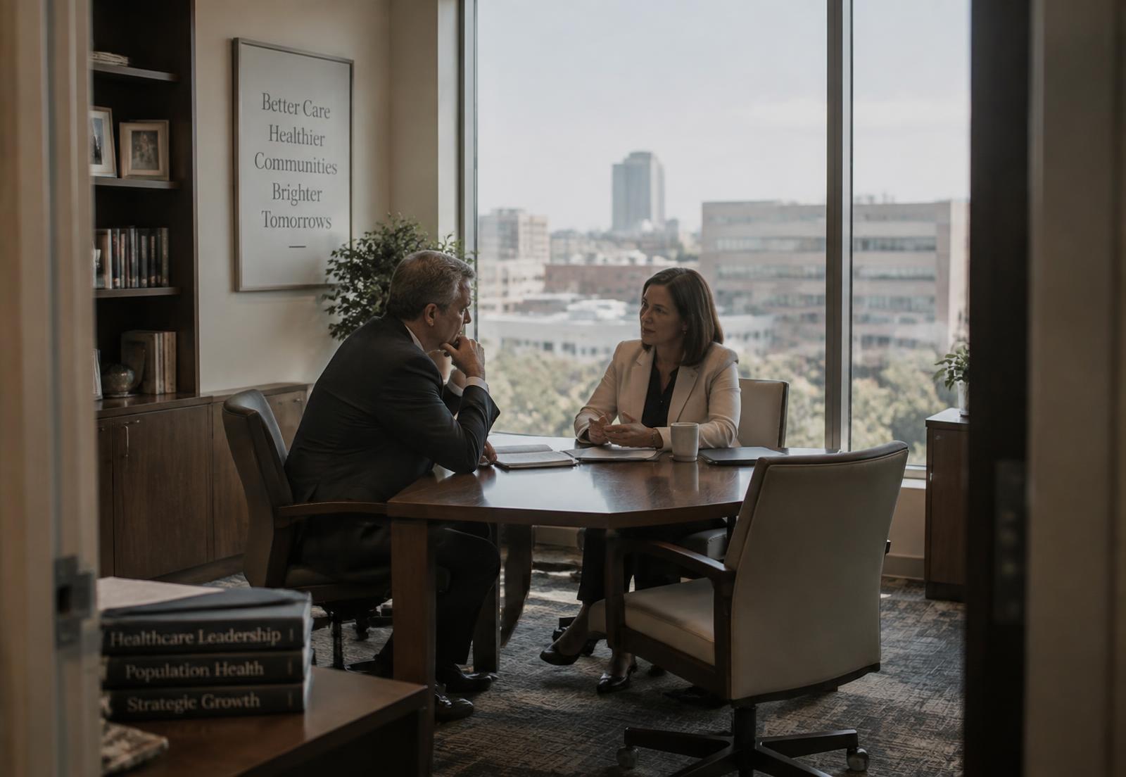 Two healthcare executives in a quiet discussion by a window