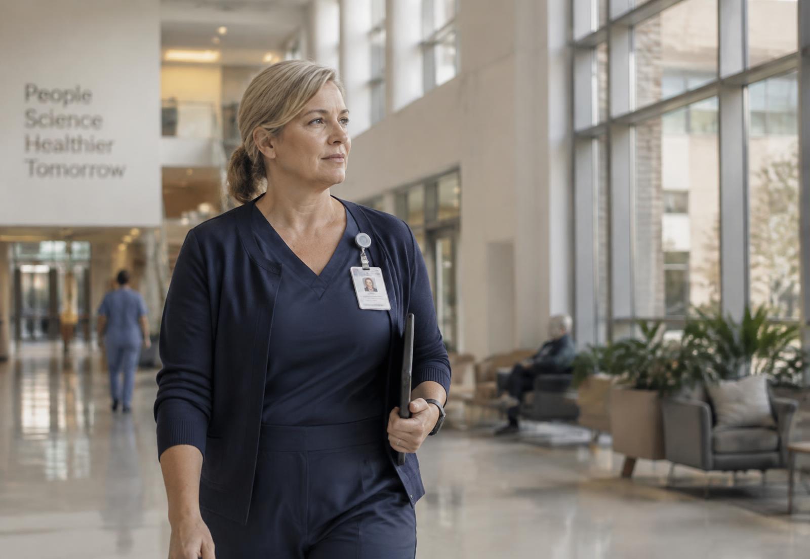 A nursing leader walking through a modern hospital atrium